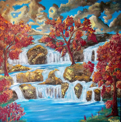 Cascade en automne  Huile 80 x 80 cm