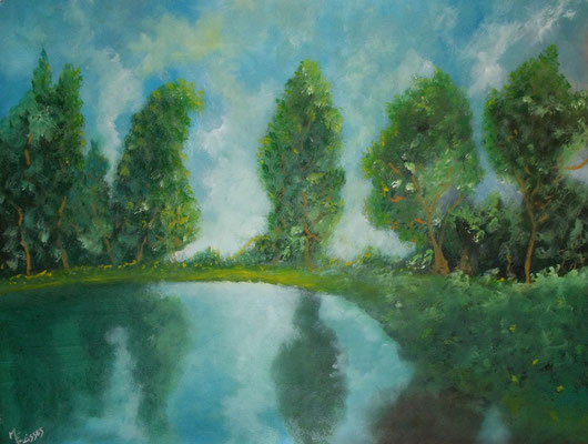 L'étang silencieux  Huile sur feuille 65 x 50 cm