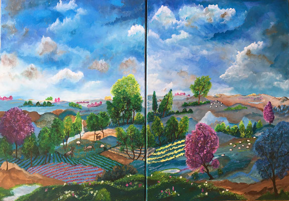 Les pâtures      Huile    2 x 50 x 70 cm