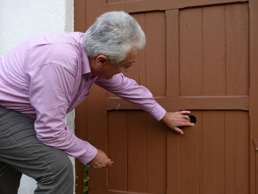 Öffnung des Wiedehopf-Nistkastens von außen