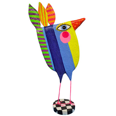kunstvoll bemalter Vogel auf schwarz-weißem Standfuß, Tiefe ca. 5,5 cm