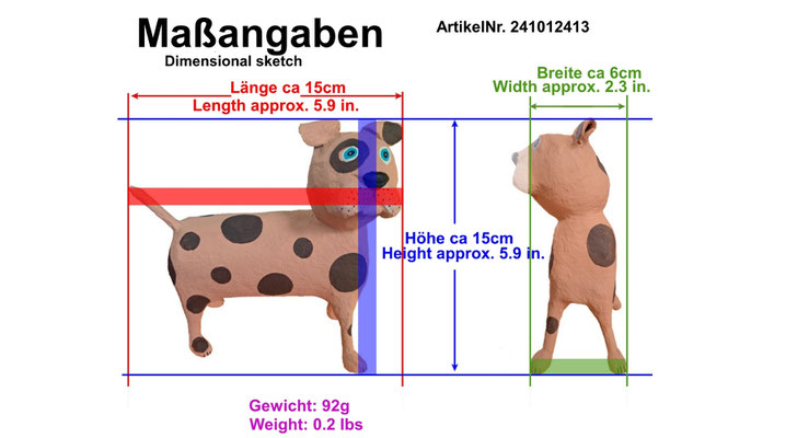 Auf dem Bild sind die Abmessungen des Produkts sowohl von vorne als auch von der Seite dargestellt. Die Länge des braunen Hundes  beträgt ca 15 Zentimeter. 