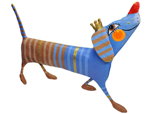 Pappmaché Dackel Figur Blau Braun mit Krone und goldenen Streifen – Seitenansicht