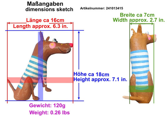  Maßangaben des Hundes mit blau-weißem Shirt