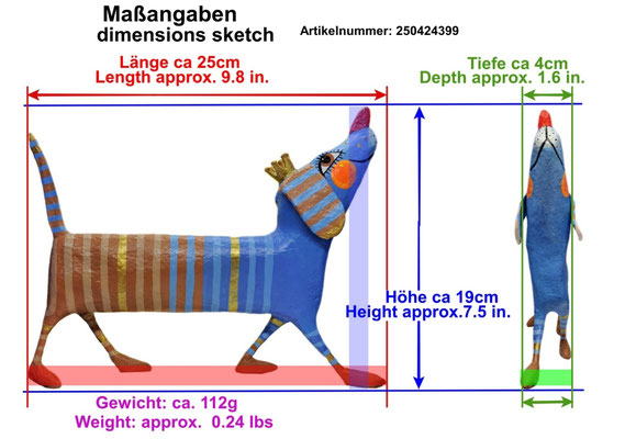 Schema einer Pappmaché Dackel Figur Blau Braun mit Maßen: Länge 25cm, Höhe 19cm, Tiefe 4cm, Gewicht 112g und Artikelnummer 250424399