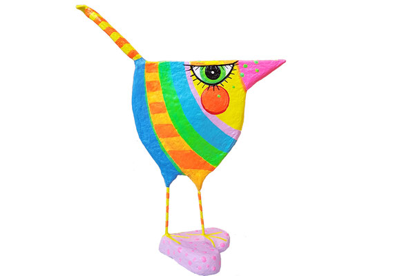 Vogelfigur aus Pappmache in den Farben Türkis, Gelb, Blau, Orange bemalt