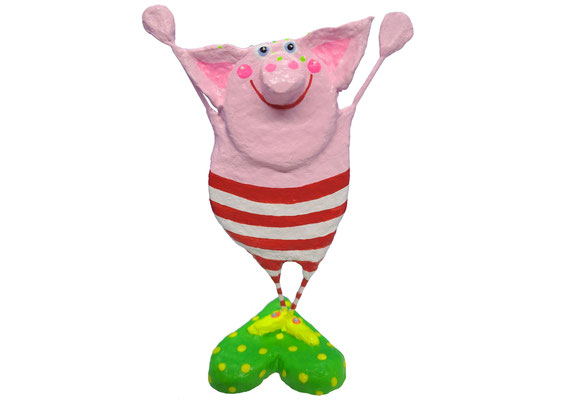 Handgefertigtes, rosa Pappmaché-Schwein im Handstand mit rot-weiß gestreifter Badehose, ca. 14 cm hoch
