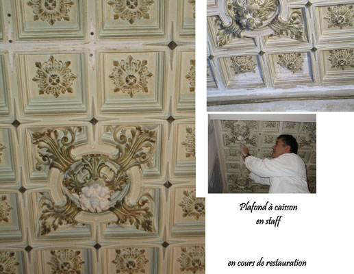 Restauration d'un plafond à caisson en staff