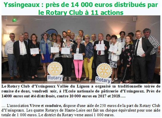 Le Rotary distribue ses aides aux Associations - Yssingeaux - le 21 juin 2019