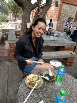Having oyster soup and oyster omelet