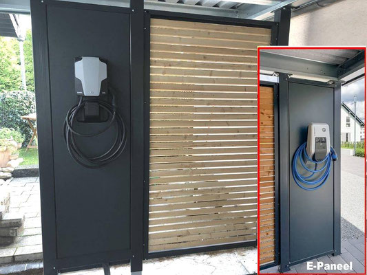 Beispiel-Nr. STC-13    Wandelemente aus Echtholz-Lattung, dazwischen E-Paneel für bauseitige Wallbox