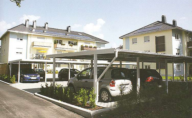 Beispiel-Nr. STRC1    2 Reihencarportanlagen gegenüberliegend gestellt mit jeweils 5 Stellplätzen an einer Wohnanlage