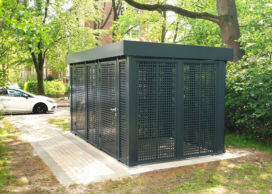 Fotobeispiel-Nr. Si12  Stahl-Design-Einhausung hier mit Stahl-Wandementen mit Qudratlochung. Farbgebung RAL 7016 anthrazitgrau
