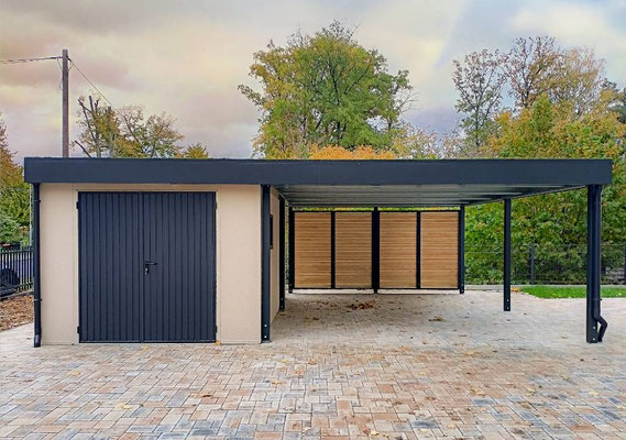Beispiel-Nr. STDP39   Stahl-Doppelcarport mit seitlichem TOLEDO-Schuppen mit 2flg. Tür