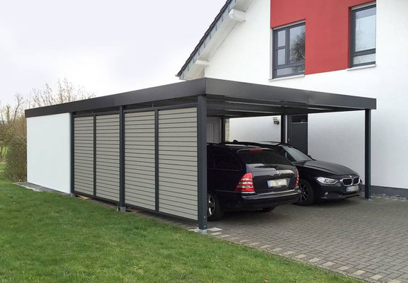 Beispiel-Nr. STDP67   Schickes Doppelcarport mit hintergebauter Gerätekammer "Dekorputz".
