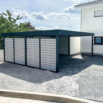 Beispiel-Nr. STDP32  Stahlcarport mit seitlich gestelltem Anbauschuppen TOLEDO, hier teilweise unter Carportdach plaziert