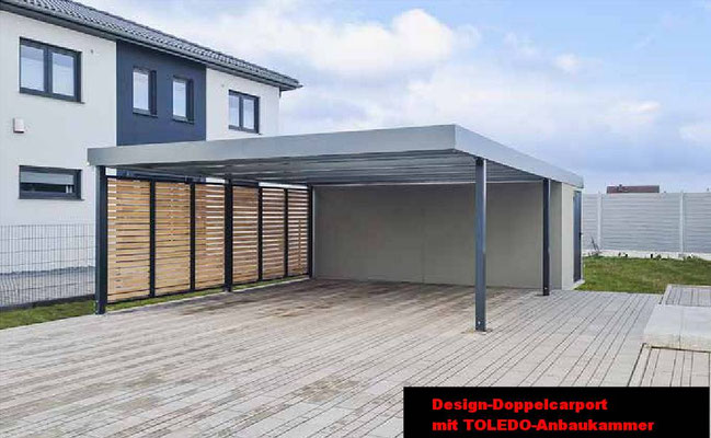 Beispiel-Nr. STDP29   Freitragende Doppelcarport-Anlage mit 12m2 großem TOLEDO-Gerätekammer-Anbau rückseitig über die komplette Carportbreite