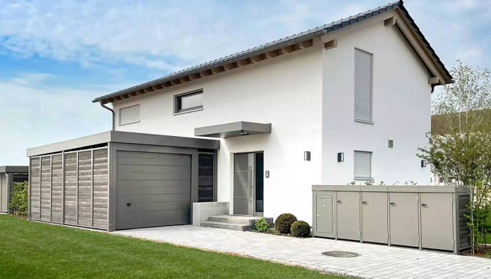 Beispiel-Nr. CG13   CG-Carport-Garage mit Sektionaltor, außerdem das passenden Müllbox-System