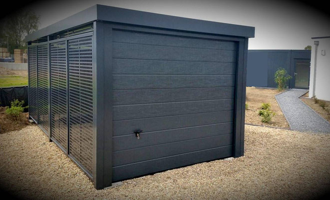 Beispiel-Nr. CG4   Carport-Einzelgarage, Wände mit Stahlflach-Wänden mit Quadratlochung.