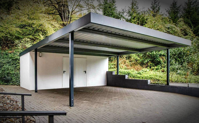 Beispiel-Nr. STD1   Großzügiges Stahl-Doppelcarport mit Anbaukammer, 2 Türen, Trennwand für 2 Parteien