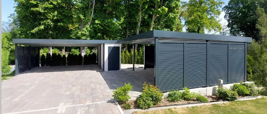 Beispiel-Nr. STDP36  Großzügige Carportanlage teilweise mit seitlich gestelltem TOLEDO-Anbau