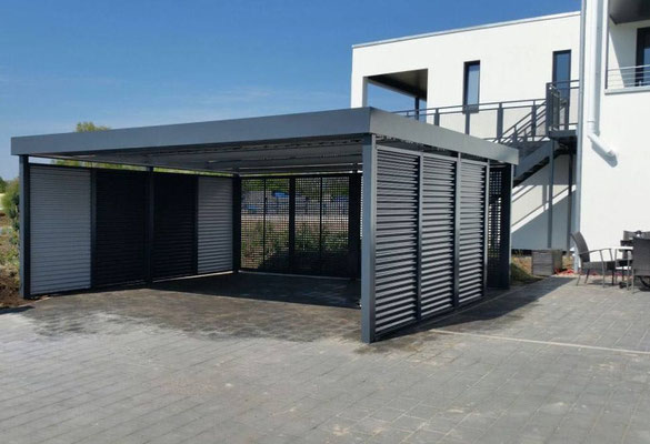Beispiel-Nr. STC-30  Stahl-Doppelcarport freitragend, hier mit verschiedenen Wandausführungen wie Stahlwelle  und Quadrad-Lochung