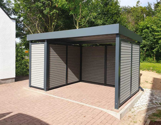 Fotobeispiel-Nr. Si14  2-Rad und  Müllbox Unterstand, Wände Rhombuslattung vorvergraut