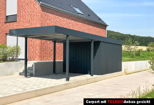 Beispiel-Nr. STDP35   Stahlcarport mit TOLEDO 100 Anbau in Sickenwand-Optik