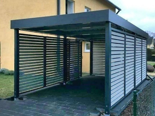 Beispiel-Nr. STC-27 Stahlcarport mit 3seitiger, offener Alu-Rhombus-Lattung lichtgrau