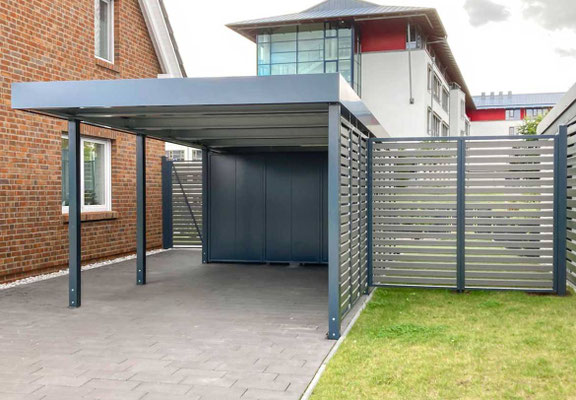 Beispiel-Nr. ST-38  Großzügiges Einzelcarport mit Kammer, hier zus. mit Sichtschutzelementen und Tür