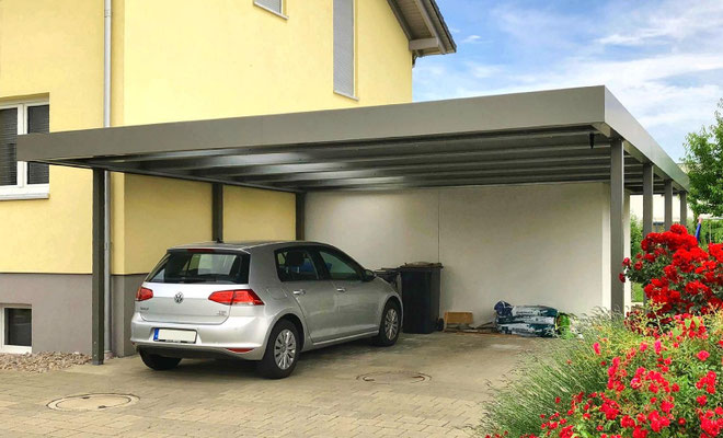 Beispiel-Nr. STDP4  Stahl-Design Doppelcarport mit hintergebauter Gerätekammer "Dekorputz"