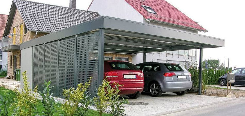 Beispiel-Nr. STDP25  Stahl Design Doppelcarport mit TOLEDO Anbau. Linke Seite Carport Quadratlochung Tafel anthrazit