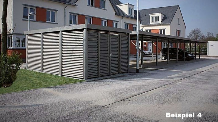 Beispiel Nr. STRC4   Stahl-Reihencarport in Sonder-RAL-Farbton "nach Wunsch", sep. 2Rad-Box geschlossen mit Stahlwelle-Verkleidung im gleichen Farbton