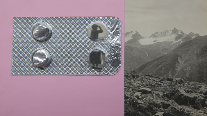 o.t.//                     klebefolie u. blisterpackung, postkarte auf holzrahmen          2016