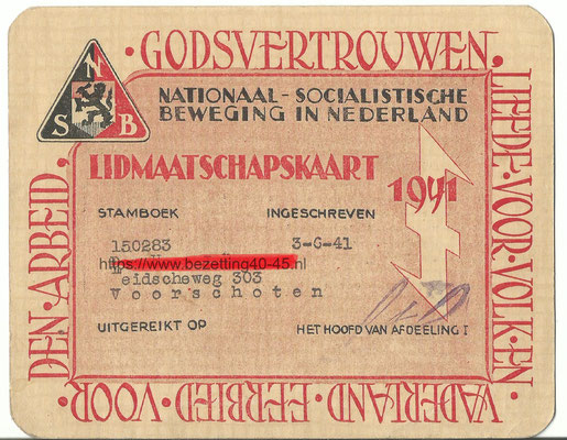 NSB lidmaatschapskaart 1941, Voorschoten.
