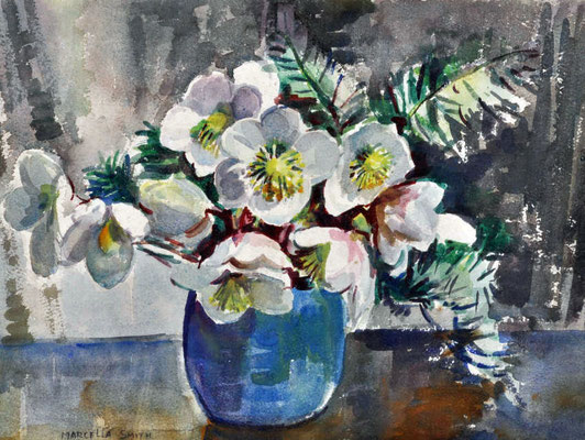 Marcella Smith 'White flowers in a blue pot'