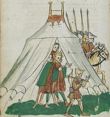 Hier erkennt man sehr gut den Aufbau eines damaligen Zeltes. Quelle: UBG Hs.232 Alsatian Troy Book (geschrieben: ca. 1417)