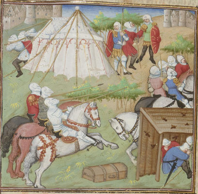 Hier kann man eine Behausung für das einfache Fußvolk sehen, während die Wohlhabenden in einem Zelt lebten. Quelle: BNF Français 356 Guiron le Courtois (geschrieben: ca. 1420)