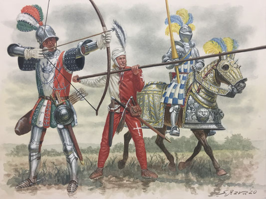 "The French army in the Italian Wars: archer of the Scottish Guard, Bandes Suisses pikeman, Compagnies d'Ordonnance, XV cent."