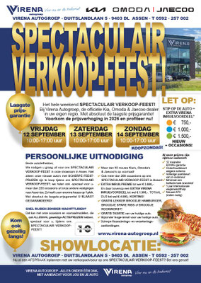 Direct Mailing - Automotive Sales Event / Spectaculair Verkoop-Feest - Virena Autogroep Assen - KIA - Jaecoo - Omoda - 49 verkochte auto's - september 2025