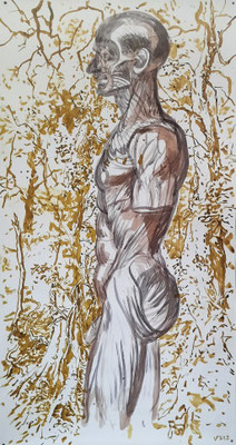 Körper im Wald, 2022, Tusche auf Papier, 194x100 cm