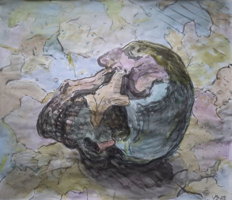 Schädel auf linken Seite liegend (Vanitas 2), 2023, Tusche auf Papier, 100x118 cm