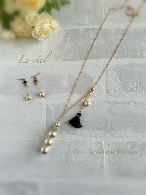 ロンデルとタッセルのコットンパールネックレス＆ピアス（イヤリング）