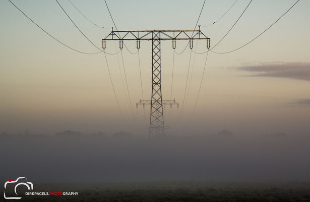 Strommast, Freileitungen im Morgennebel in Teltow, Foto: Dirk Pagels, Fotograf in Teltow, Kleinmachnow, Stahnsdorf, Potsdam, Berlin, Bundes- Weltweit