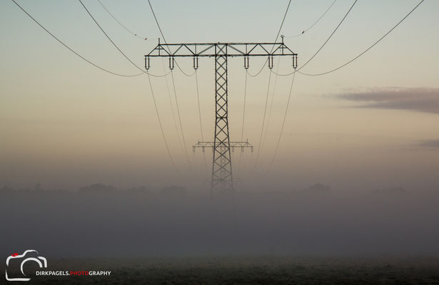 Strommast, Freileitungen im Morgennebel in Teltow, Foto: Dirk Pagels, Fotograf in Teltow, Kleinmachnow, Stahnsdorf, Potsdam, Berlin, Bundes- Weltweit