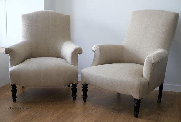 Duo de fauteuils Anglais, recouverture en lin 
