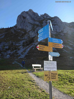 Wegweiser und im Hintergrund Brunnistöckli