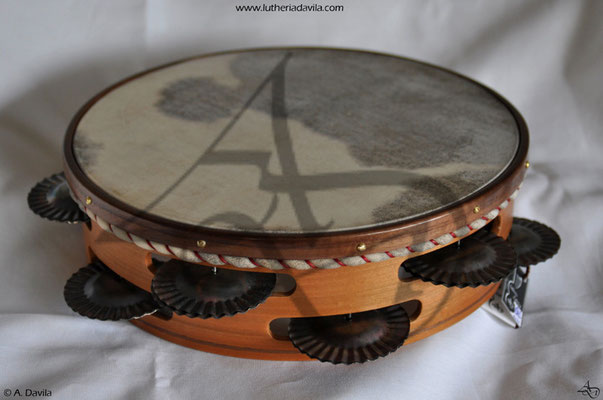 Tambourine 9 pairs of jingles hardened black cherry wood with ring and inlay walnut wood.