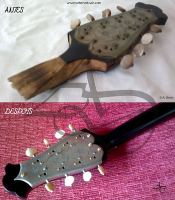 Headstock comparison before and after Raffaele Calace mandolin restoration.