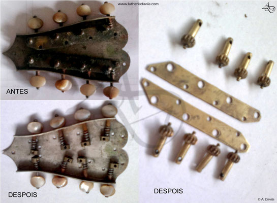 Comparación clavixas antes e despois restauración mandolina Raffaele Calace.